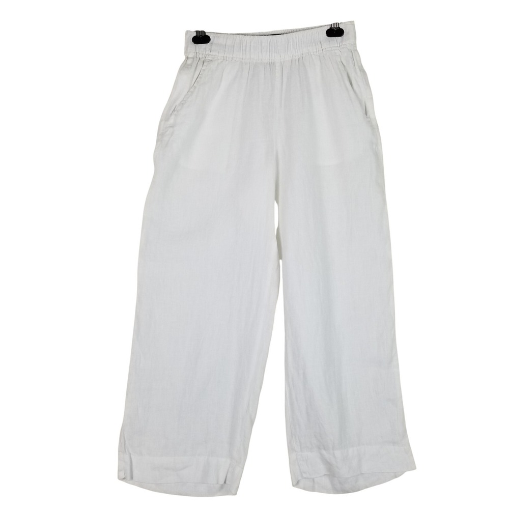 Tahari Linen Pants Womens S White Wide Leg Elastic Waist Essentials 100% Linen